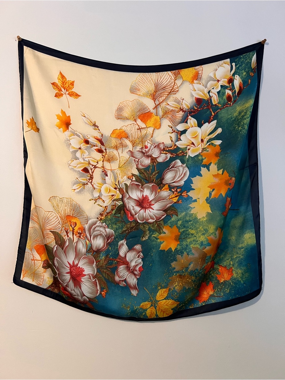 Floral Silk-Feel Scarf in Teal, Cream & Orange